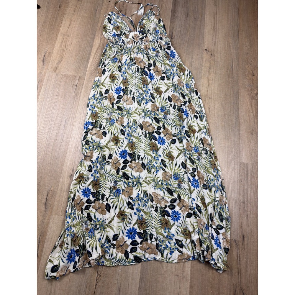Grace Floral Maxi Dress Womens Large Blue Brown Tropical Smocked Tassel Rayon‎